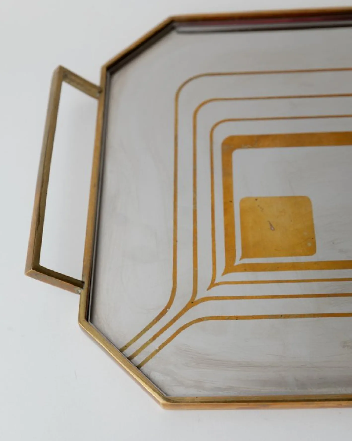 Achteckiges Mid-Century Tablett aus Edelstahl mit Messingrand, 1970er