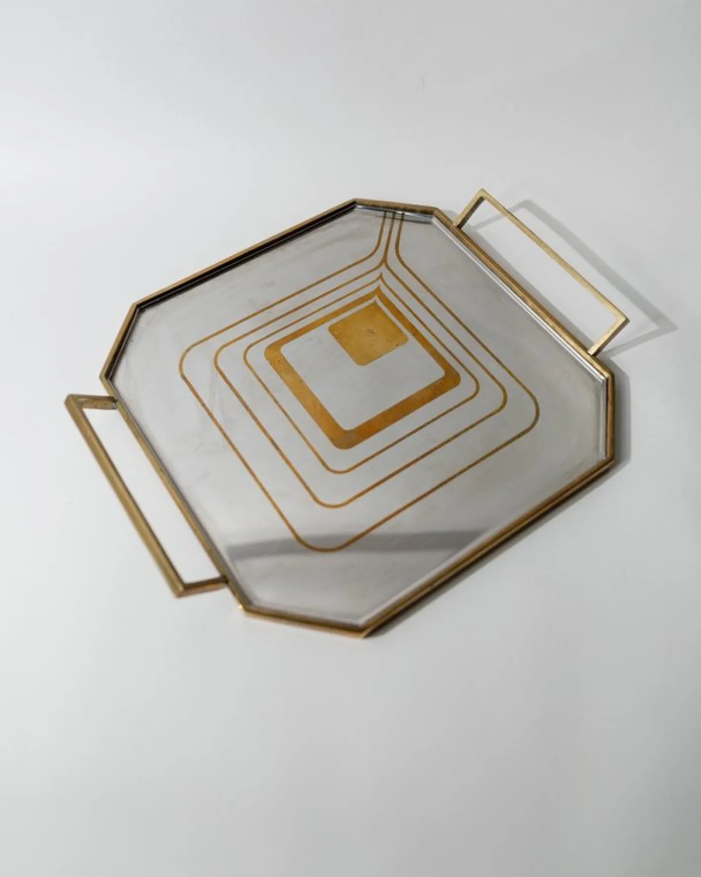 Achteckiges Mid-Century Tablett aus Edelstahl mit Messingrand, 1970er
