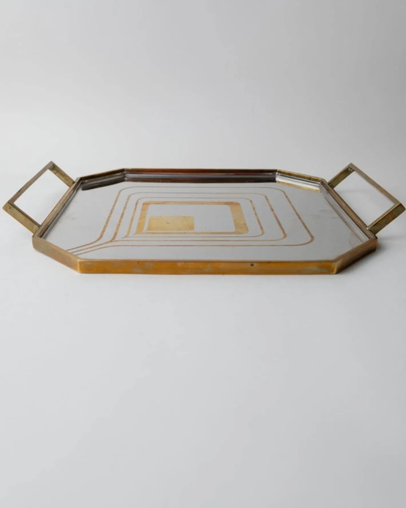 Achteckiges Mid-Century Tablett aus Edelstahl mit Messingrand, 1970er