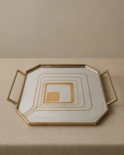 Achteckiges Mid-Century Tablett aus Edelstahl mit Messingrand, 1970er