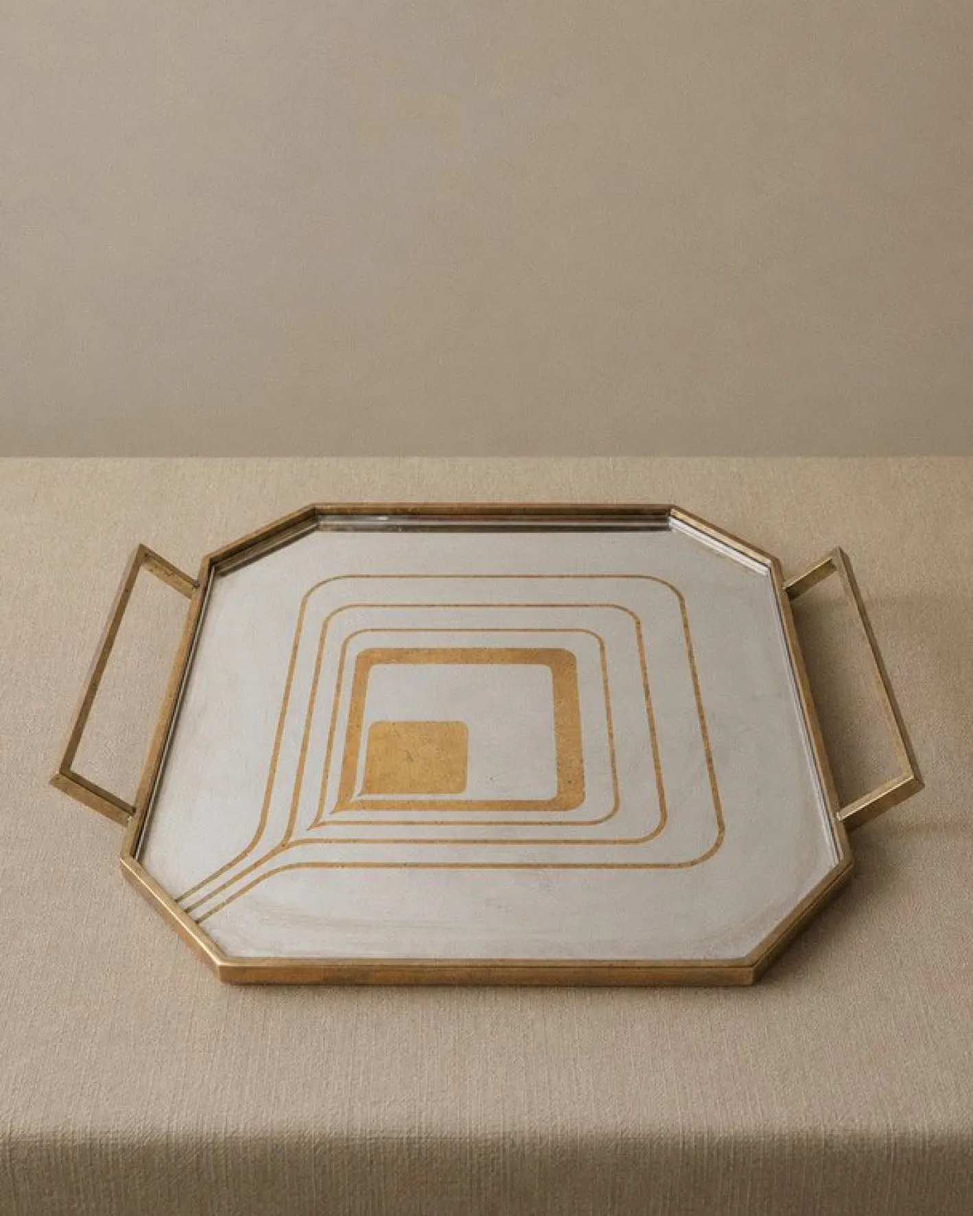 Achteckiges Mid-Century Tablett aus Edelstahl mit Messingrand, 1970er