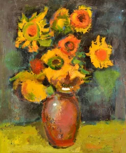 Aleksandr Rodin, Stillleben mit Gelben Blumen, 1980er, Ölgemälde auf Leinwand