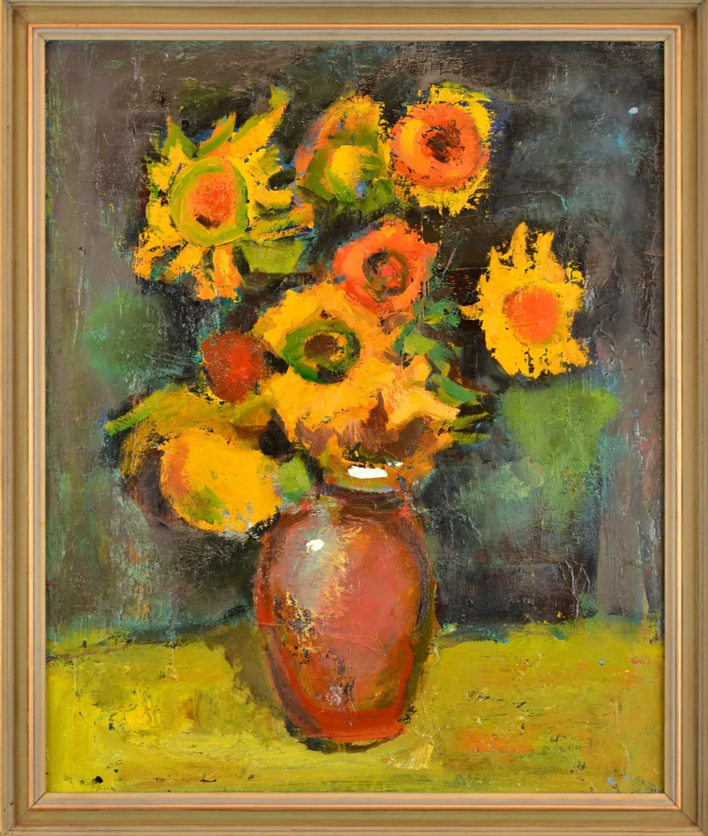 Aleksandr Rodin, Stillleben mit Gelben Blumen, 1980er, Ölgemälde auf Leinwand