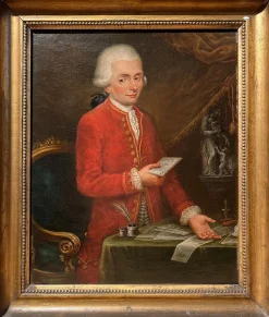 Alessandro Longhi, Porträt eines jungen Musikers vor seinem Schreibtisch mit einer Partitur in der Hand, Öl auf Leinwand, 18. Jh., gerahmt