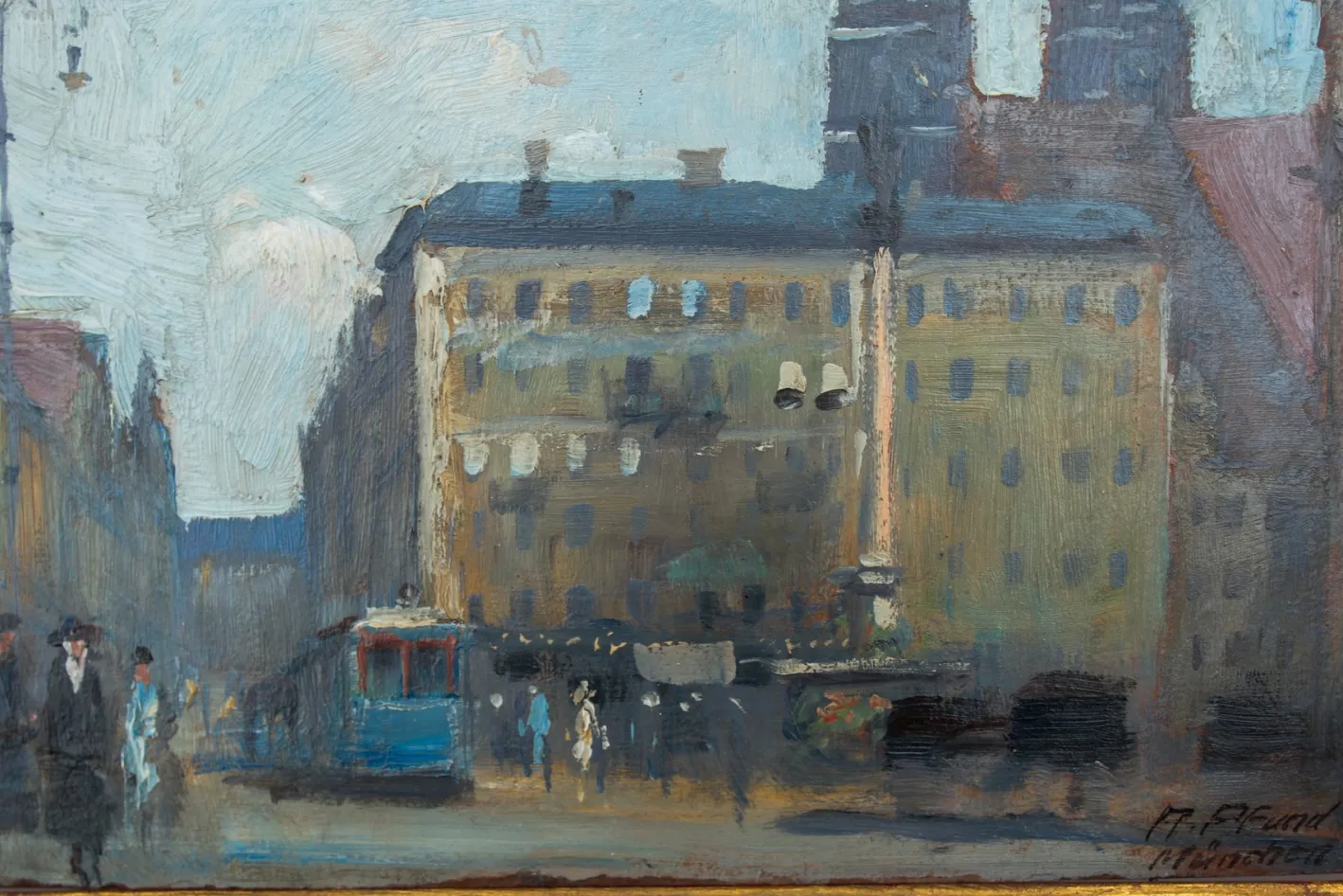 Alois Pfund, Marienplatz, München, 1920er Jahre, Öl auf Karton, gerahmt