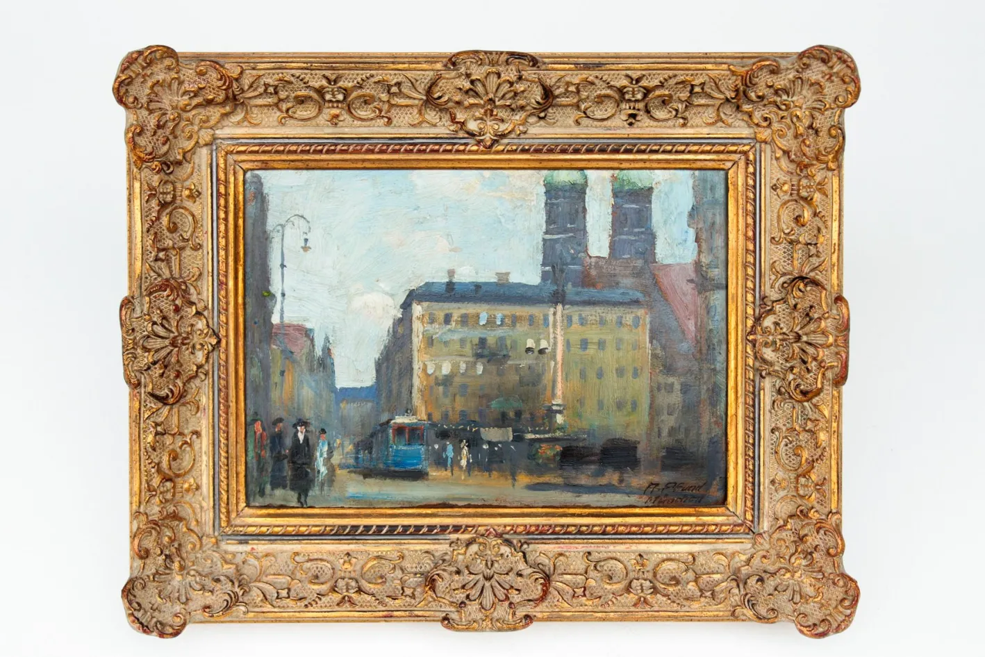 Alois Pfund, Marienplatz, München, 1920er Jahre, Öl auf Karton, gerahmt