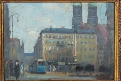Alois Pfund, Marienplatz, München, 1920er Jahre, Öl auf Karton, gerahmt