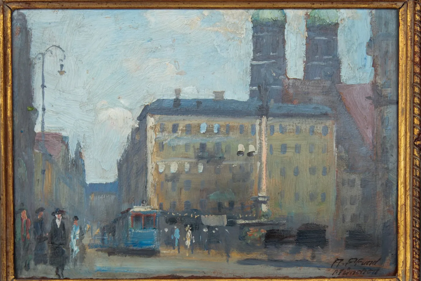 Alois Pfund, Marienplatz, München, 1920er Jahre, Öl auf Karton, gerahmt