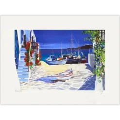 André Savy Alias Bongibault, Griechische Fischerboote im Hafen, 1995, Lithographie