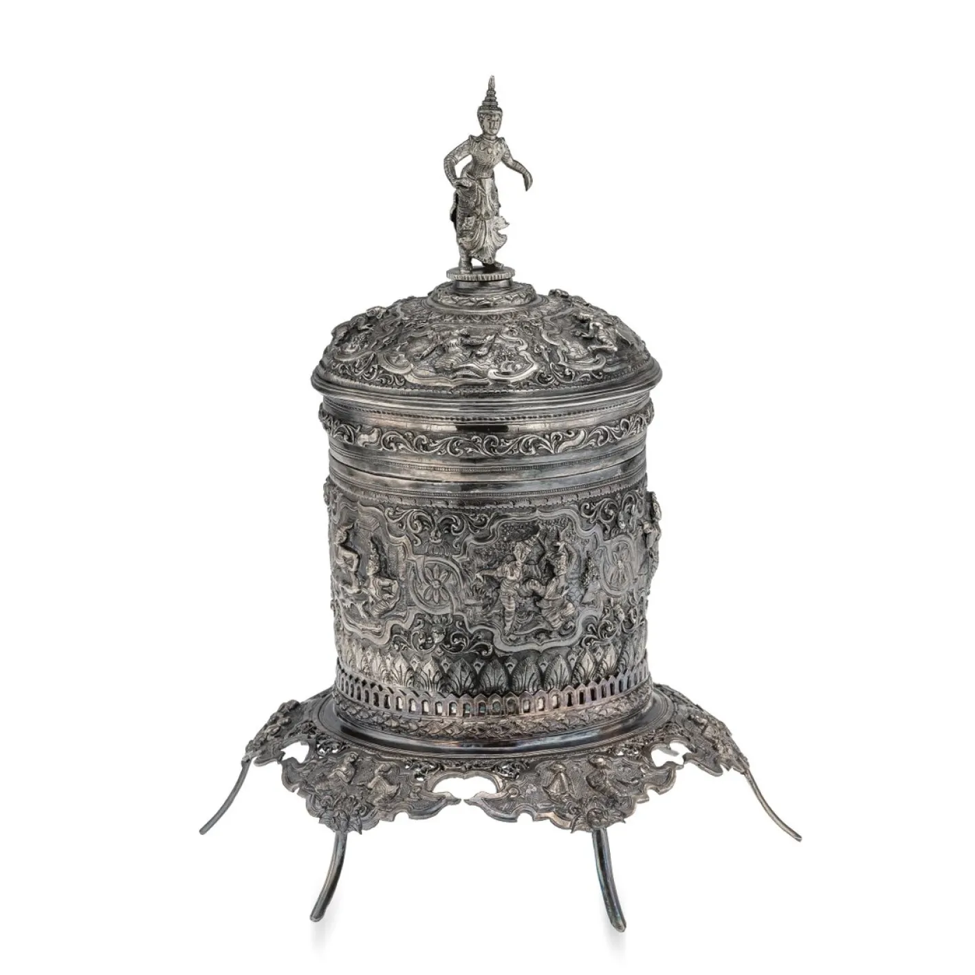 Antike burmesische Betel Box aus Silber auf Ständer, Rangeun, 1890