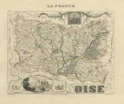 Antike Dekorative Karte von Oise von Vuillemin, France, 1850