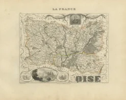 Antike Dekorative Karte von Oise von Vuillemin, France, 1850
