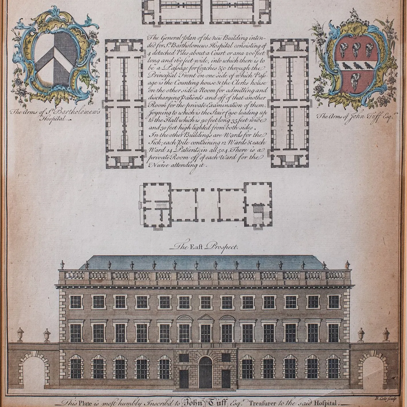 Antike georgianisch-englische gravierte St Bart's Hospital Street Karte, 1755