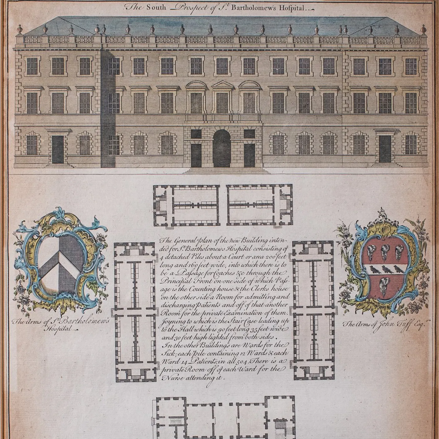 Antike georgianisch-englische gravierte St Bart's Hospital Street Karte, 1755
