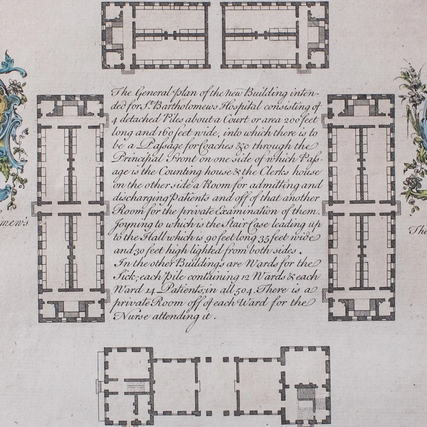 Antike georgianisch-englische gravierte St Bart's Hospital Street Karte, 1755
