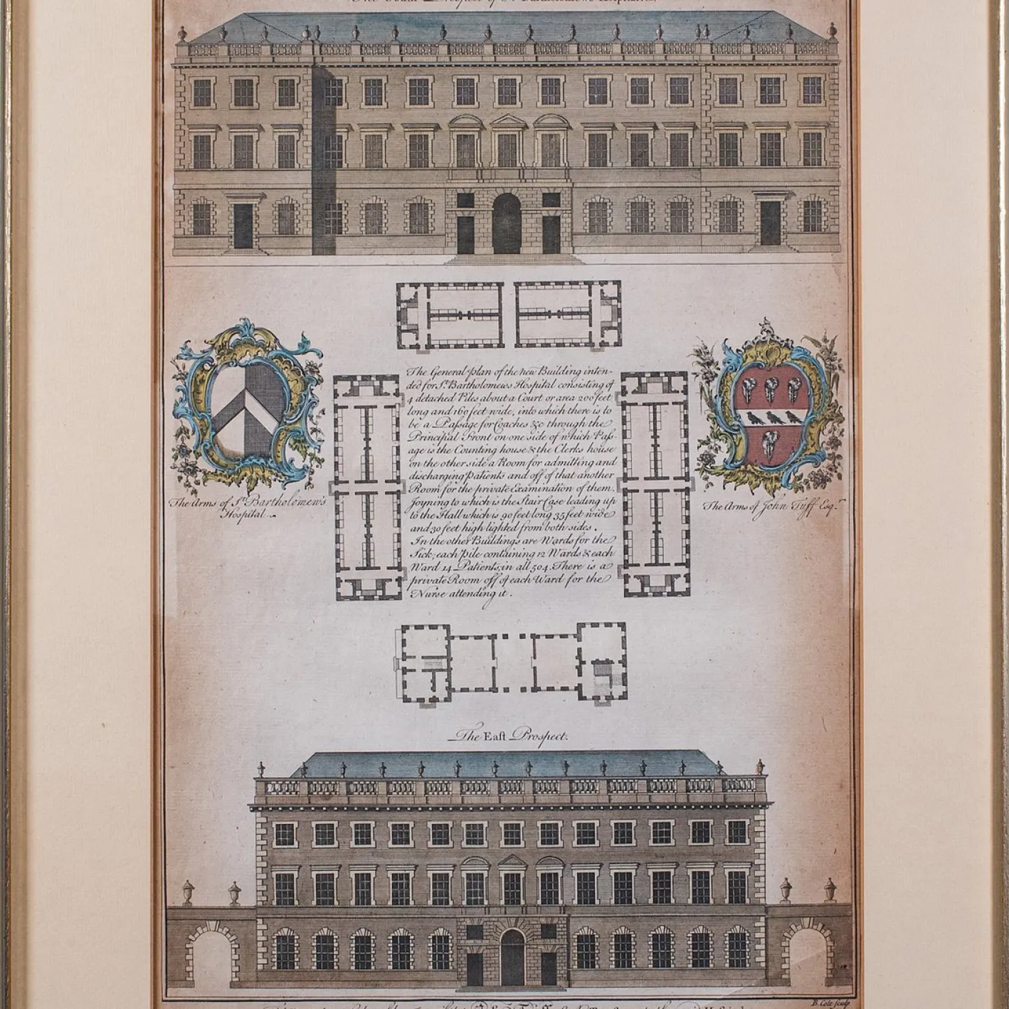 Antike georgianisch-englische gravierte St Bart's Hospital Street Karte, 1755
