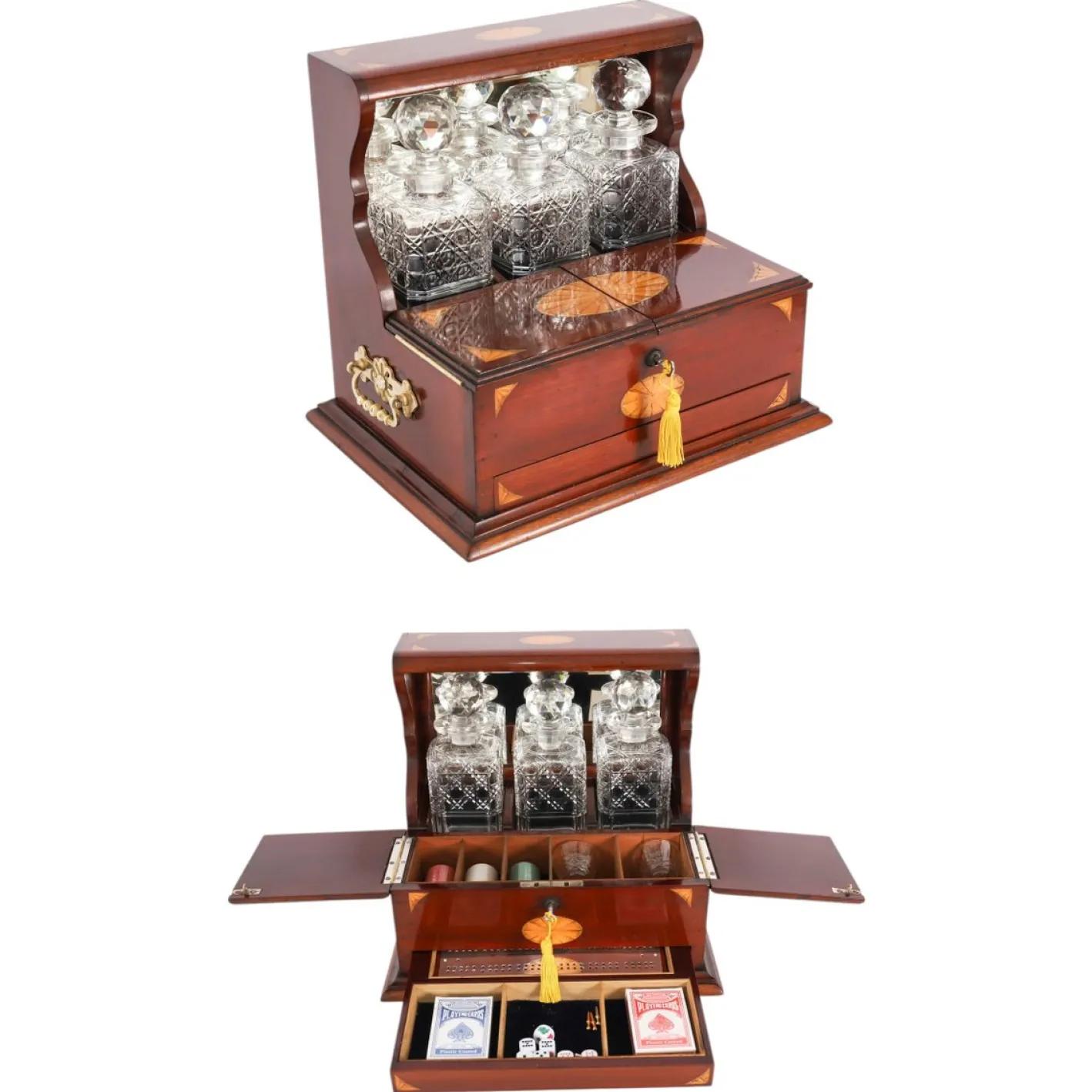 Antike Karaffe Tantalus und Spiele aus Satinholz mit drei Schliffen, 1890er, 6 . Set