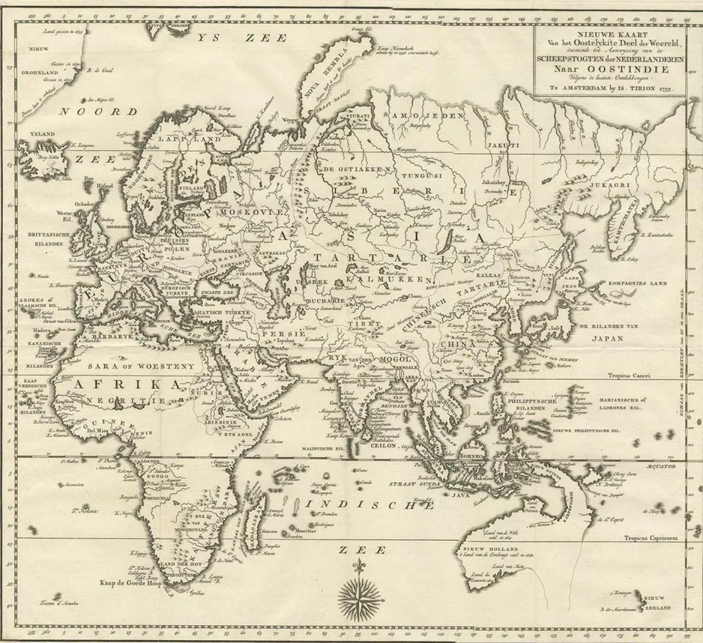 Antike Karte des östlichen Teils der Welt von Tirion, 1755
