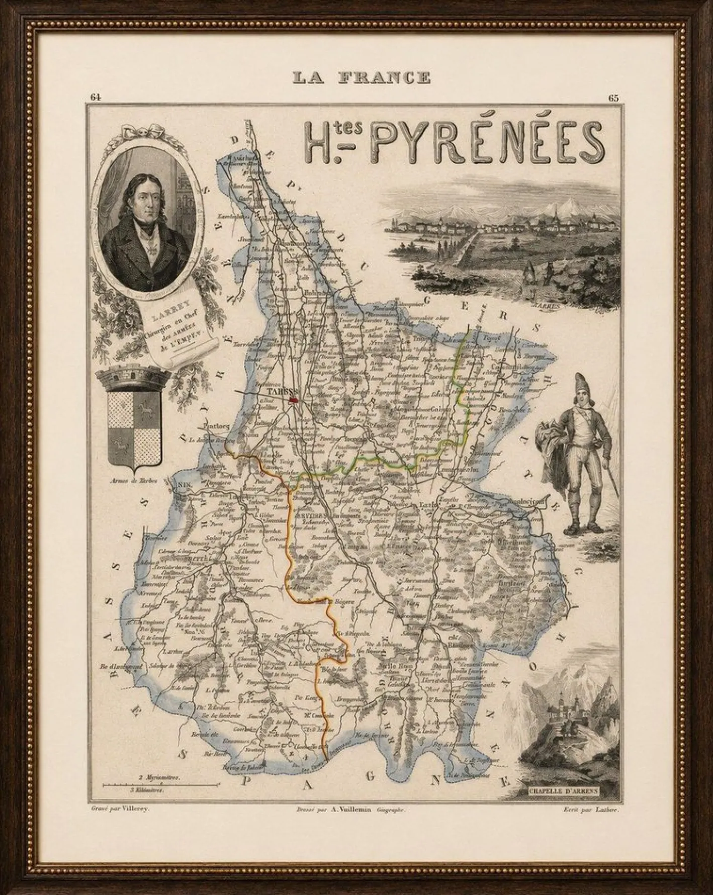 Antike Karte von Hautes-Pyrénées von Vuillemin, France, 1850