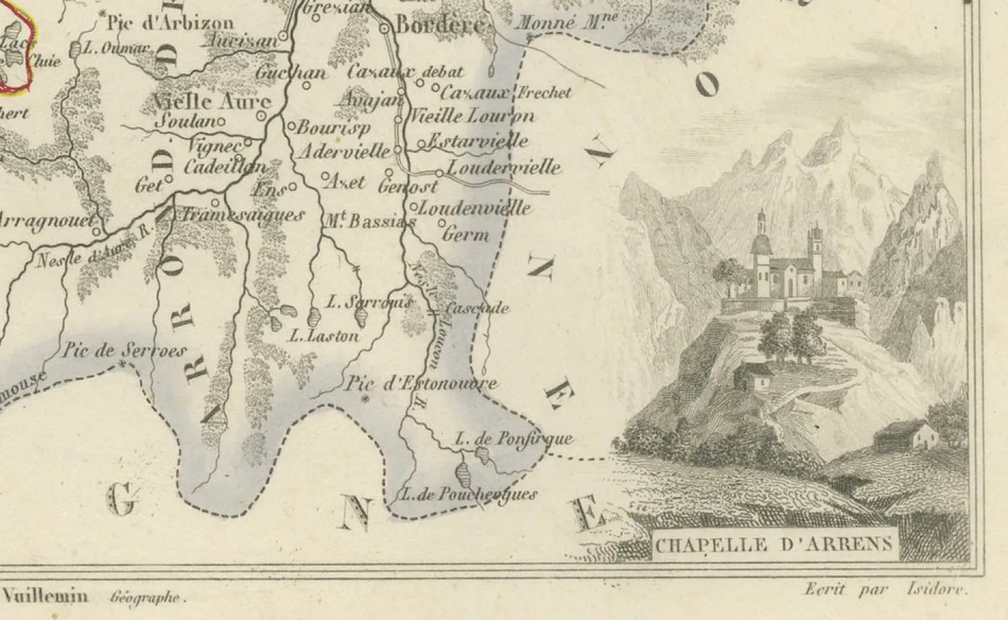 Antike Karte von Hautes-Pyrénées von Vuillemin, France, 1850