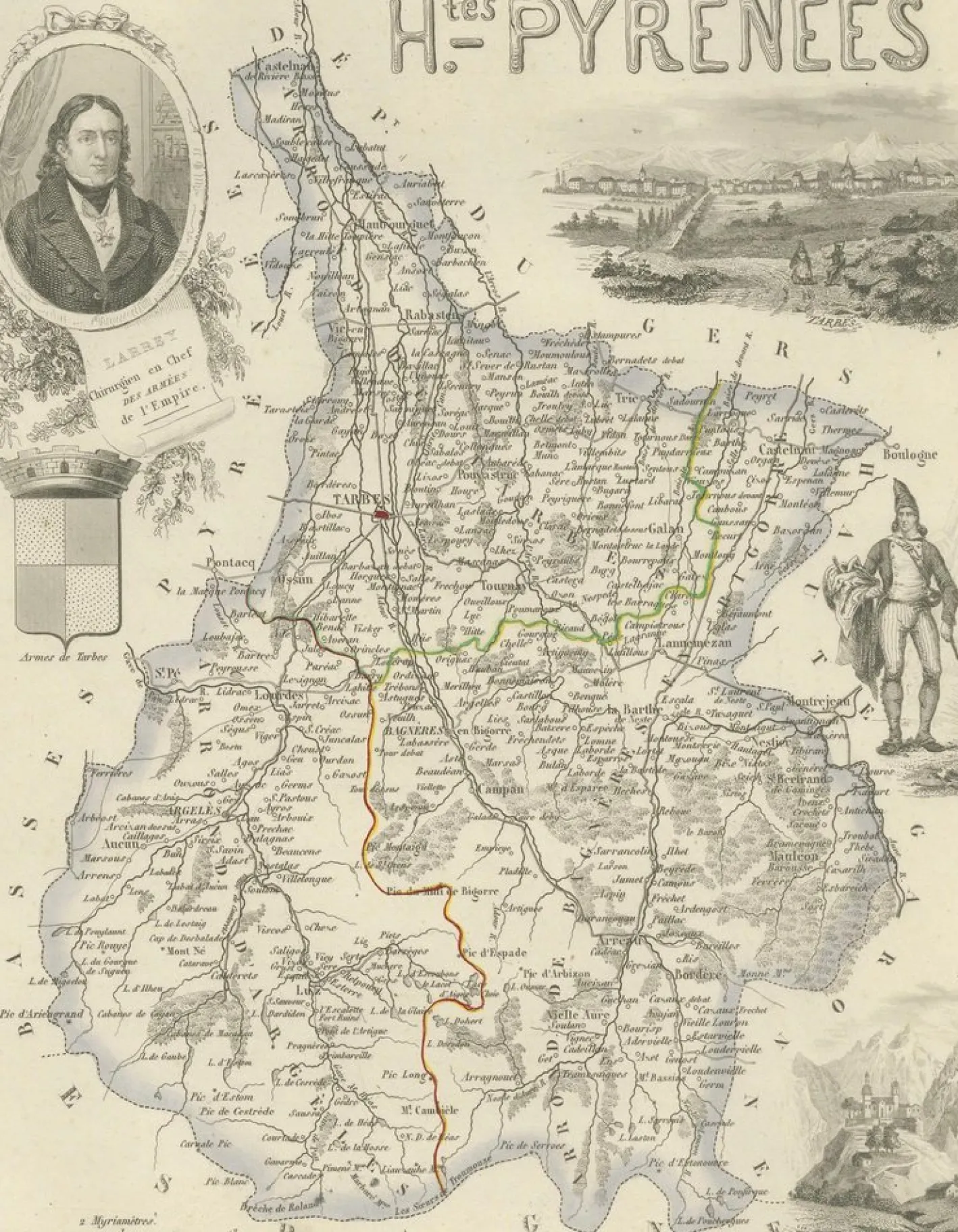Antike Karte von Hautes-Pyrénées von Vuillemin, France, 1850