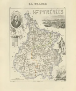 Antike Karte von Hautes-Pyrénées von Vuillemin, France, 1850