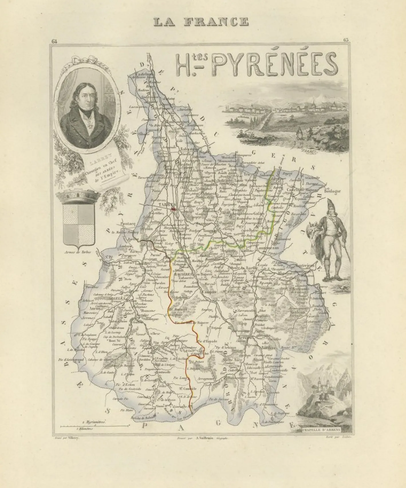 Antike Karte von Hautes-Pyrénées von Vuillemin, France, 1850
