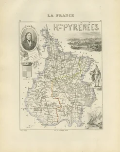 Antike Karte von Hautes-Pyrénées von Vuillemin, France, 1850