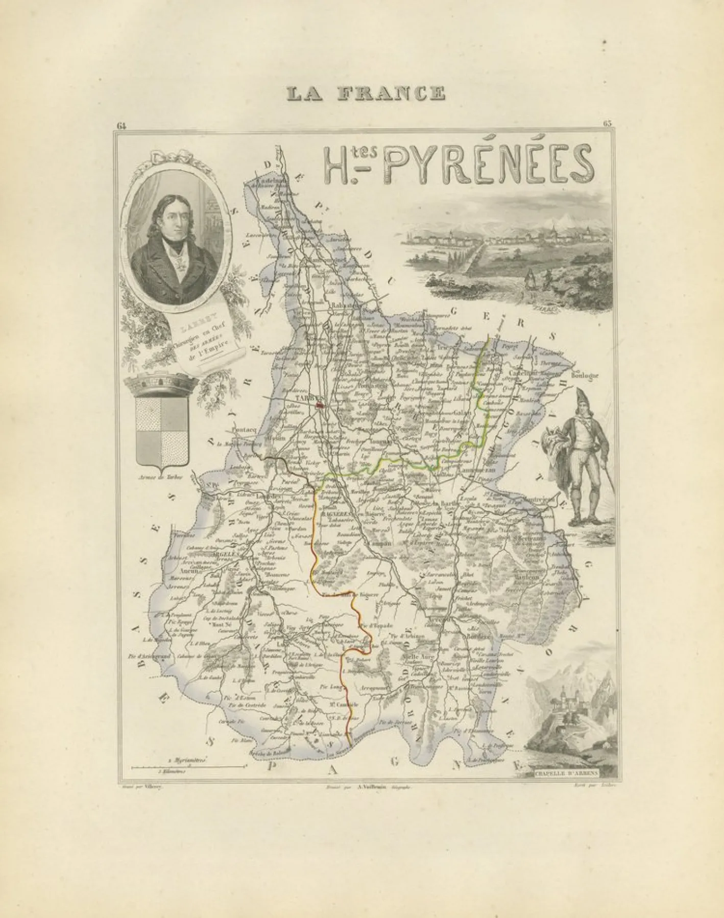 Antike Karte von Hautes-Pyrénées von Vuillemin, France, 1850