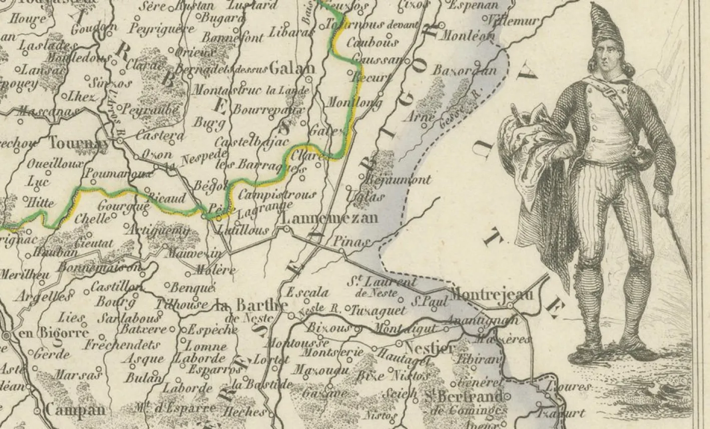 Antike Karte von Hautes-Pyrénées von Vuillemin, France, 1850
