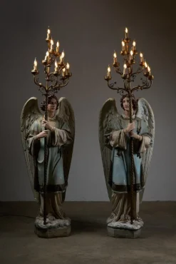 Antike Kirche Engel Kerzenhalter mit Messing Kronleuchtern, 19. Jh., 2er Set