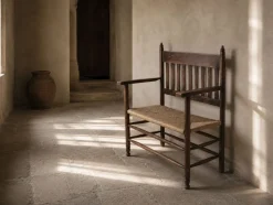 Antike niederländische Arts and Crafts Holzbank mit geflochtenem Sitz, 1900