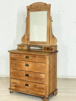 Antiker Biedermeier Frisiertisch aus Kiefer und Messing mit Spiegelaufsatz, 1900