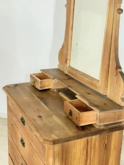 Antiker Biedermeier Frisiertisch aus Kiefer und Messing mit Spiegelaufsatz, 1900