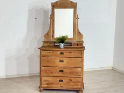 Antiker Biedermeier Frisiertisch aus Kiefer und Messing mit Spiegelaufsatz, 1900