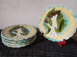 Antiker französischer Barbotine Teller mit Spargel von Salins, 1900er, 5er Set