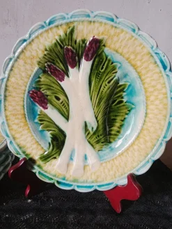 Antiker französischer Barbotine Teller mit Spargel von Salins, 1900er, 5er Set