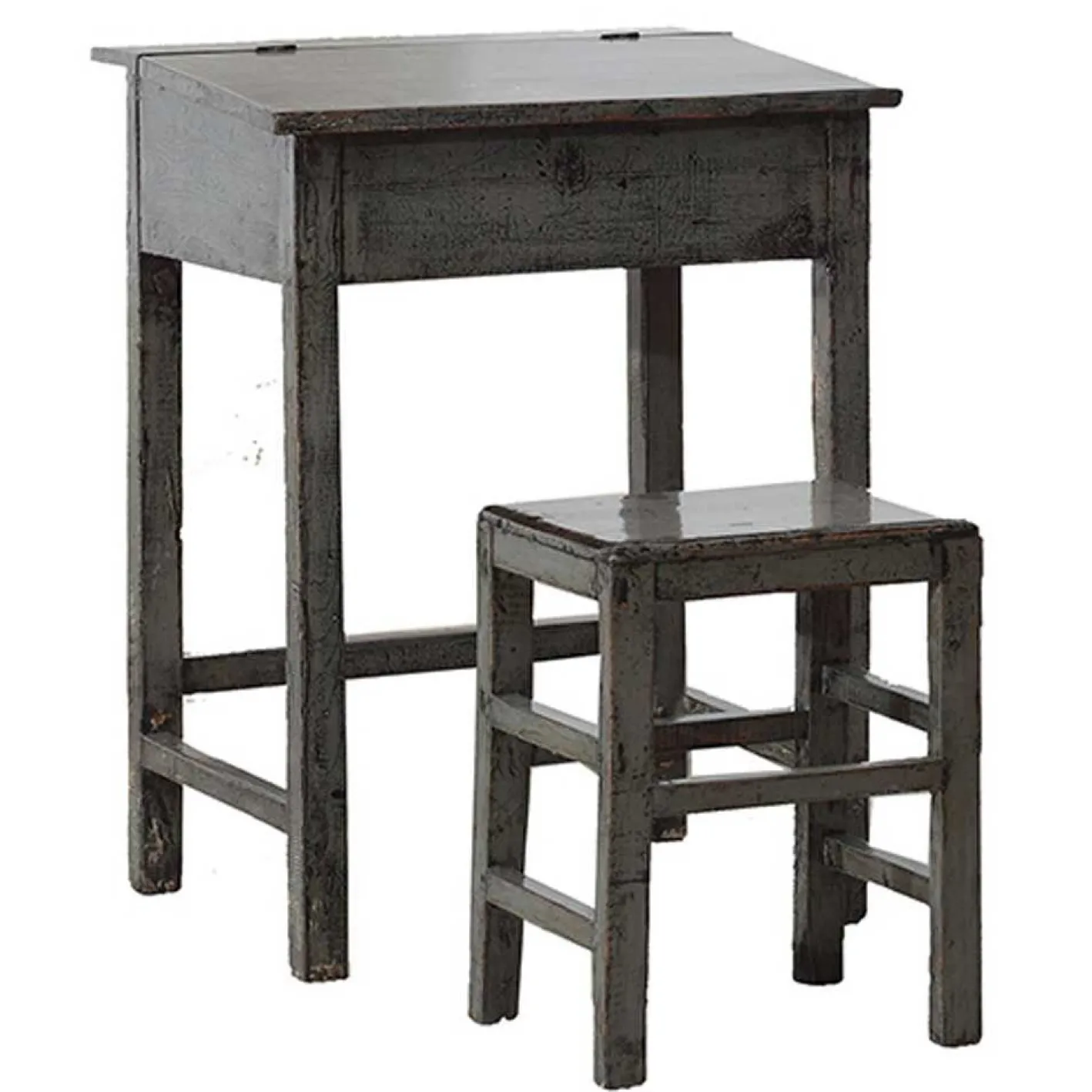 Antiker Grau Lackierter Schreibtisch und Hocker, 2er Set