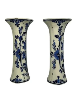 Antike Royal Delft Handbemalte Florale Trompetenförmige Vasen von lgn Ten Dam, 1916, 2er Set