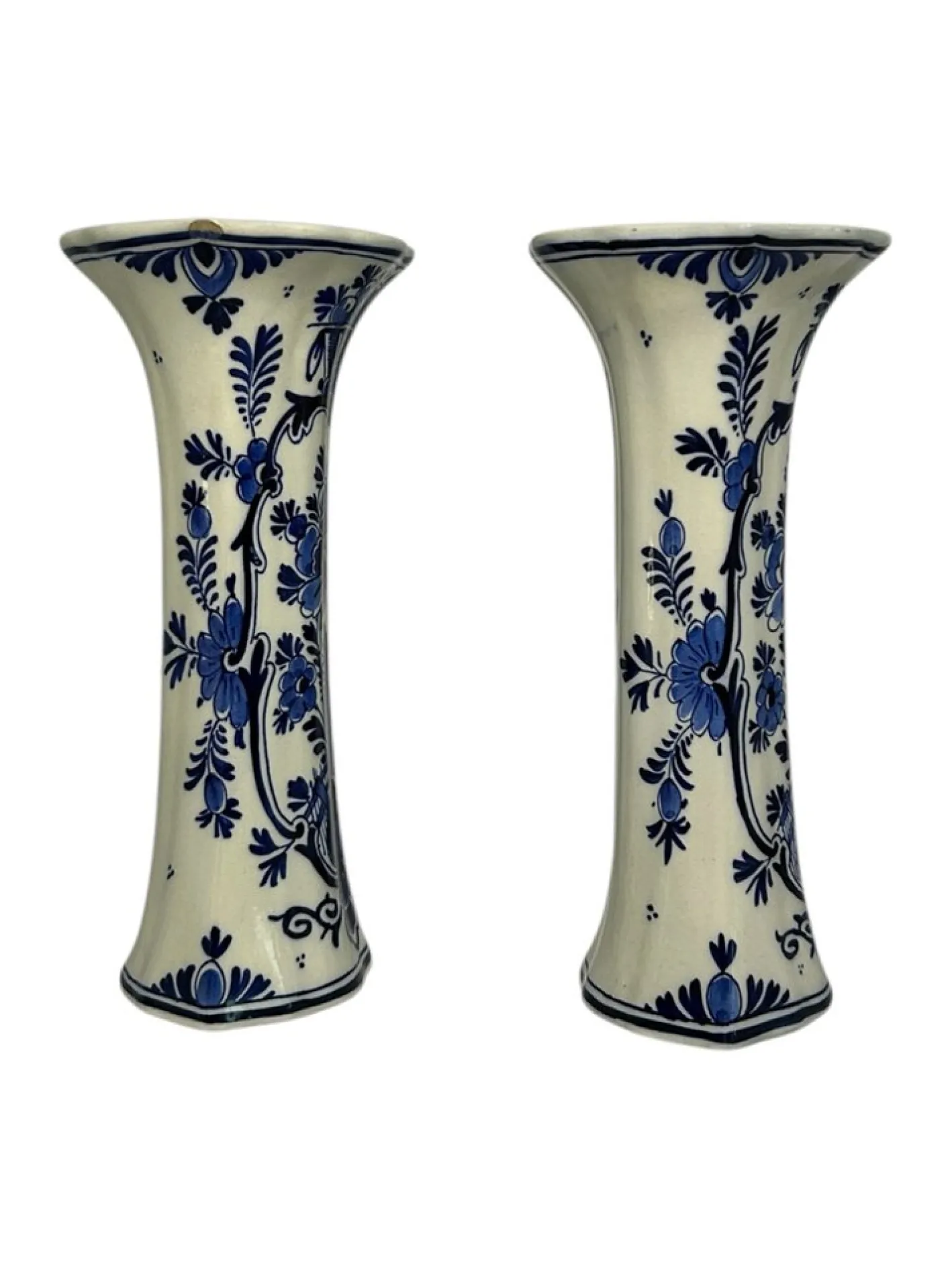 Antike Royal Delft Handbemalte Florale Trompetenförmige Vasen von lgn Ten Dam, 1916, 2er Set