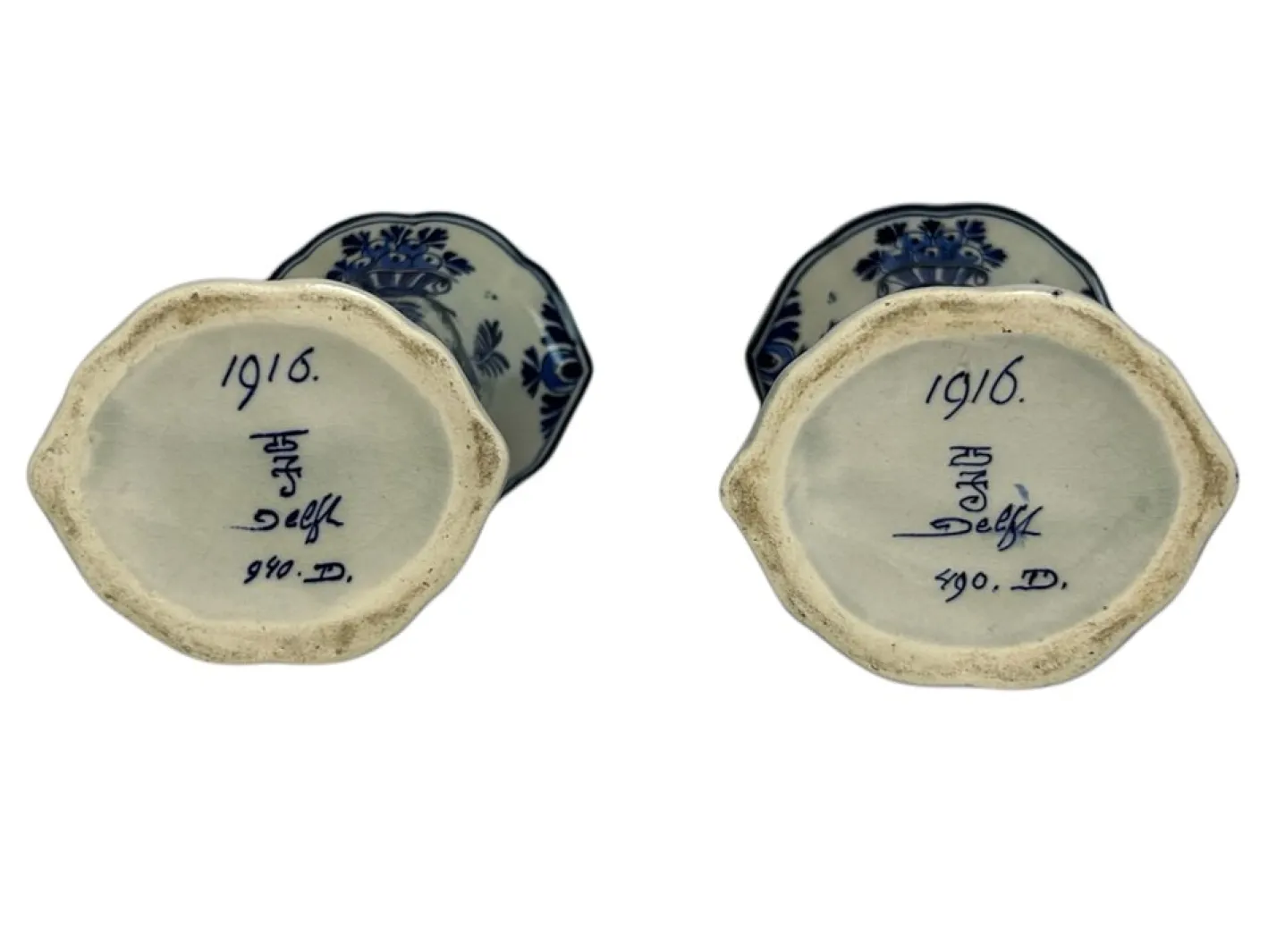 Antike Royal Delft Handbemalte Florale Trompetenförmige Vasen von lgn Ten Dam, 1916, 2er Set