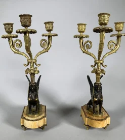Antiker Sphinx Kerzenhalter aus vergoldeter Bronze, 1830