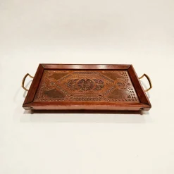 Antikes edwardianisches Serviertablett aus handgeschnitztem Holz mit Messinggriffen, England, 1890er
