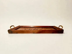 Antikes edwardianisches Serviertablett aus handgeschnitztem Holz mit Messinggriffen, England, 1890er