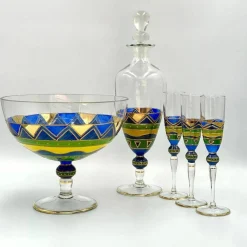 Antikes Handbemaltes Glas Bareware Set & Vase, Deutschland, 1930er, 5 . Set
