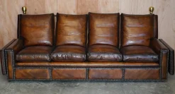 Antikes handgefärbtes braunes 4-Sitzer Ledersofa von Knoll