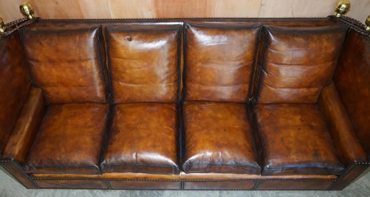 Antikes handgefärbtes braunes 4-Sitzer Ledersofa von Knoll