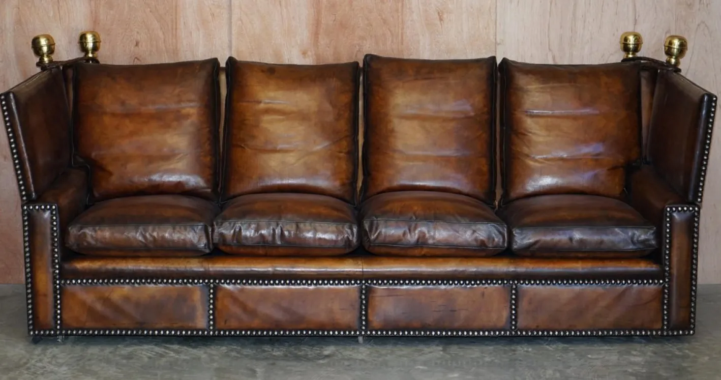 Antikes handgefärbtes braunes 4-Sitzer Ledersofa von Knoll