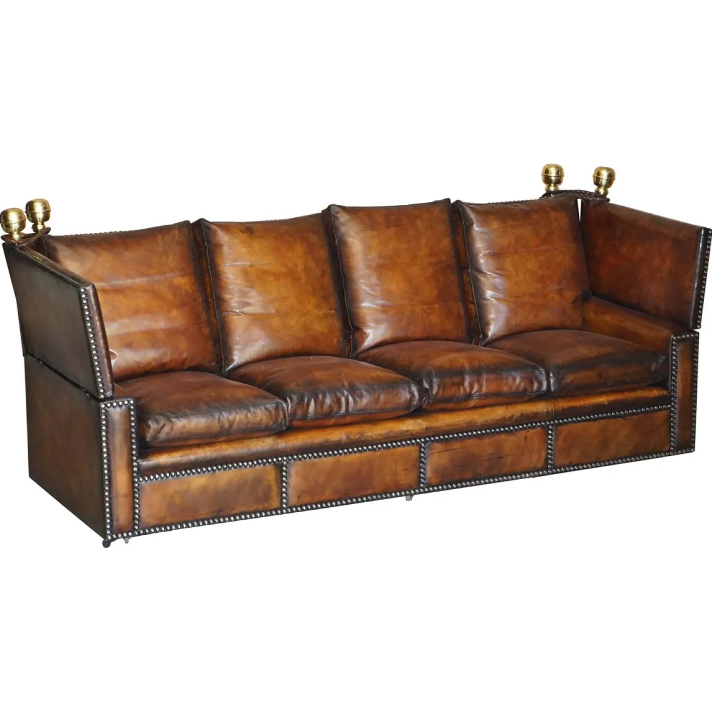 Antikes handgefärbtes braunes 4-Sitzer Ledersofa von Knoll