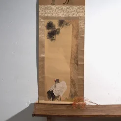 Antikes japanisches Kakejiku eines Kranichs in Farbe auf Papier, 1900